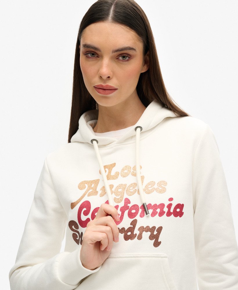 bluza z kapturem z brokatowym logo w stylu retro w kolorze ecru