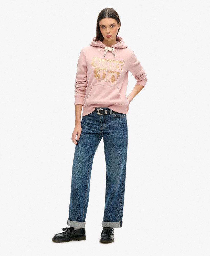 bluza z kapturem z logo w stylu retro z brokatem w kolorze różowego różu