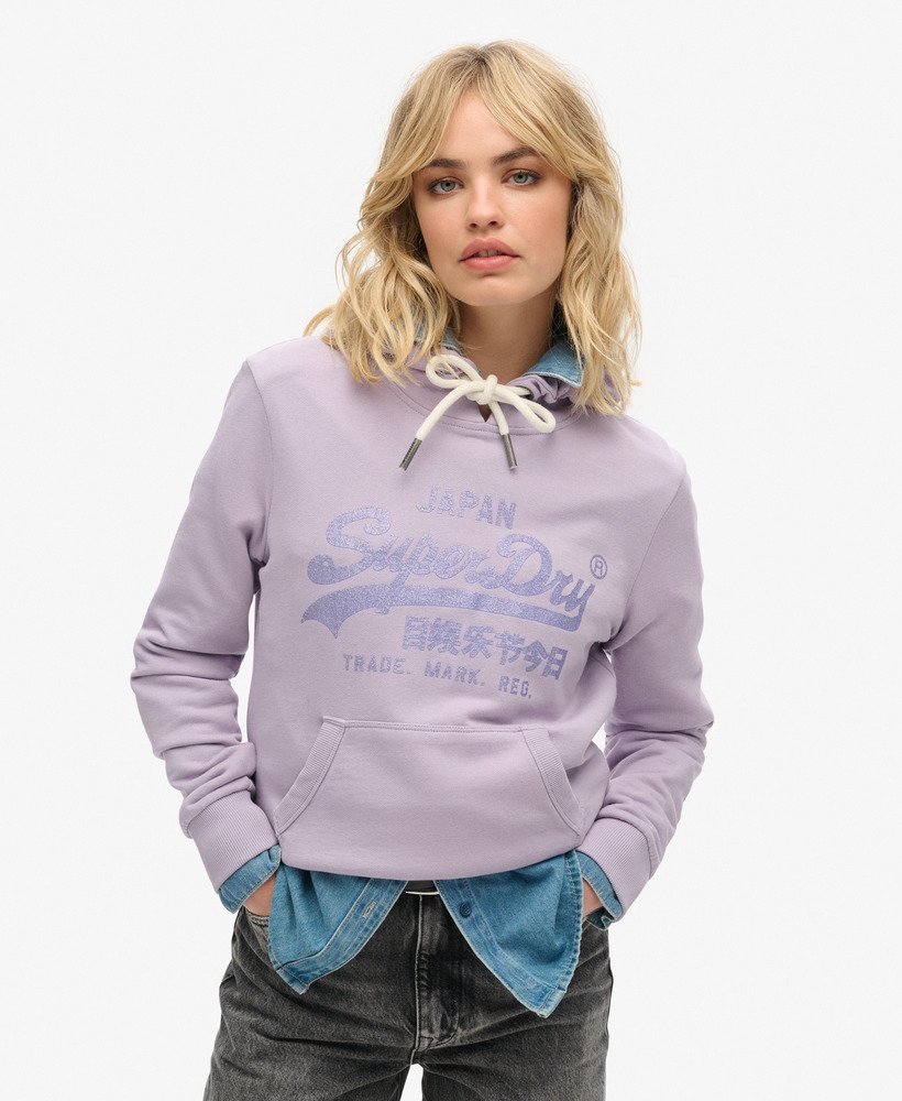 metaliczna bluza z kapturem w stylu vintage z graficznym logo w kolorze fioletowym wisteria
