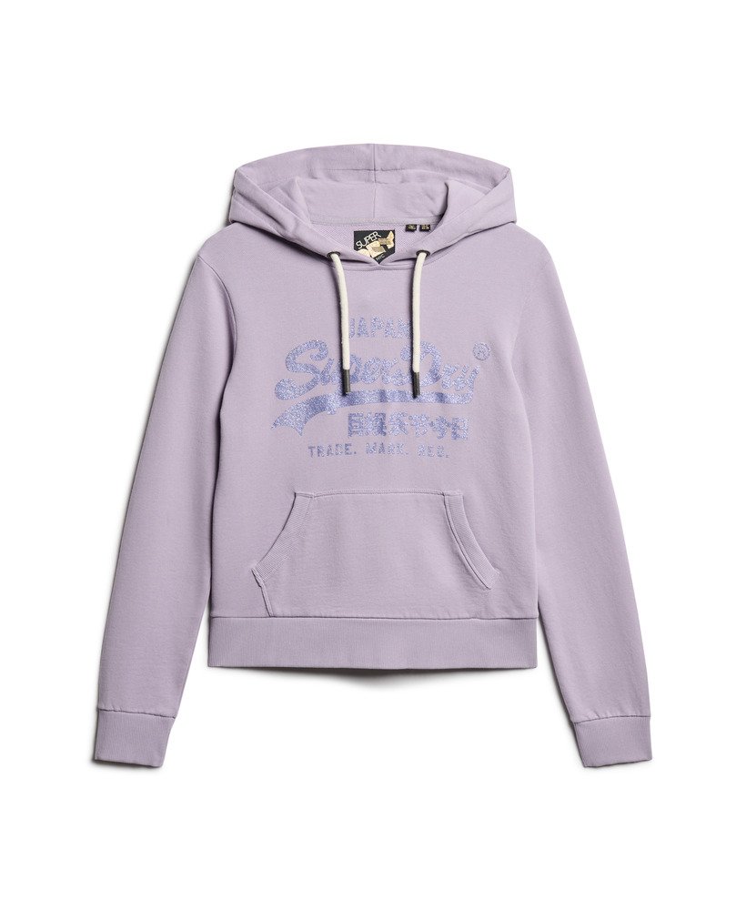 metaliczna bluza z kapturem w stylu vintage z graficznym logo w kolorze fioletowym wisteria