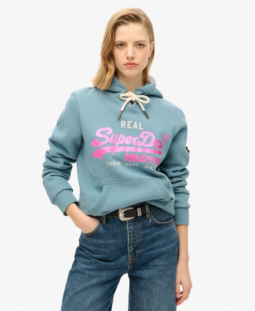 bluza z kapturem z ozdobnym logo w stylu vintage w kolorze egejskim