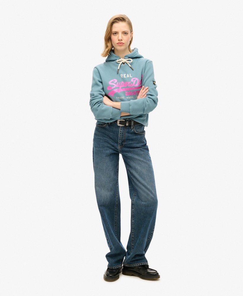 bluza z kapturem z ozdobnym logo w stylu vintage w kolorze egejskim