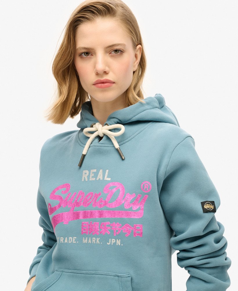 bluza z kapturem z ozdobnym logo w stylu vintage w kolorze egejskim