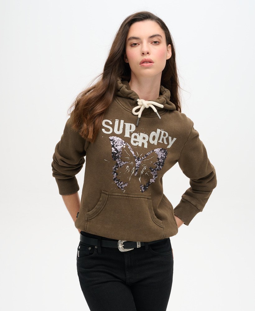 bluza z kapturem z ozdobnym motywem punkowym w kolorze głębokiego khaki