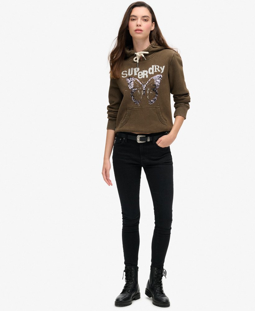 bluza z kapturem z ozdobnym motywem punkowym w kolorze głębokiego khaki