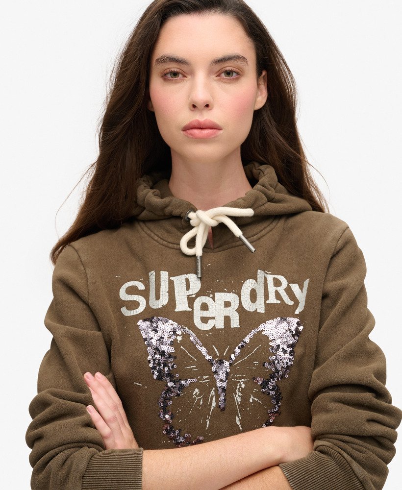 bluza z kapturem z ozdobnym motywem punkowym w kolorze głębokiego khaki