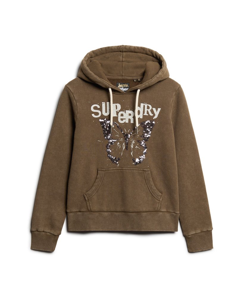 bluza z kapturem z ozdobnym motywem punkowym w kolorze głębokiego khaki
