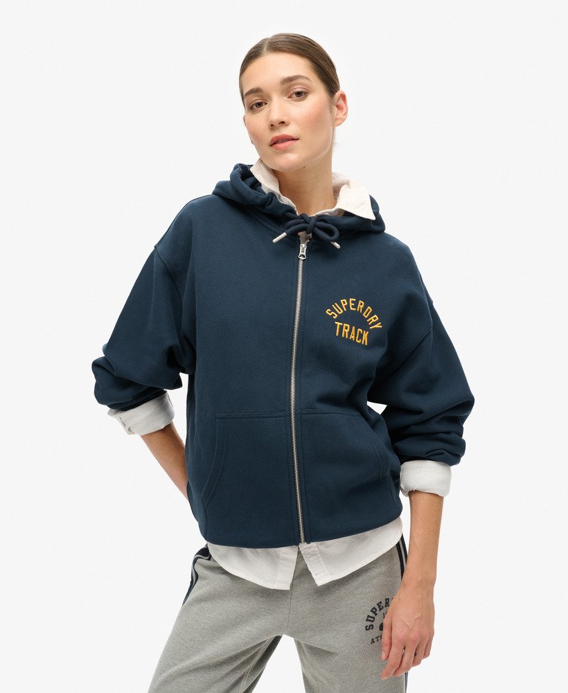 bluza z kapturem typu boyfriend z logo uczelni w kolorze granatowo-bordowym