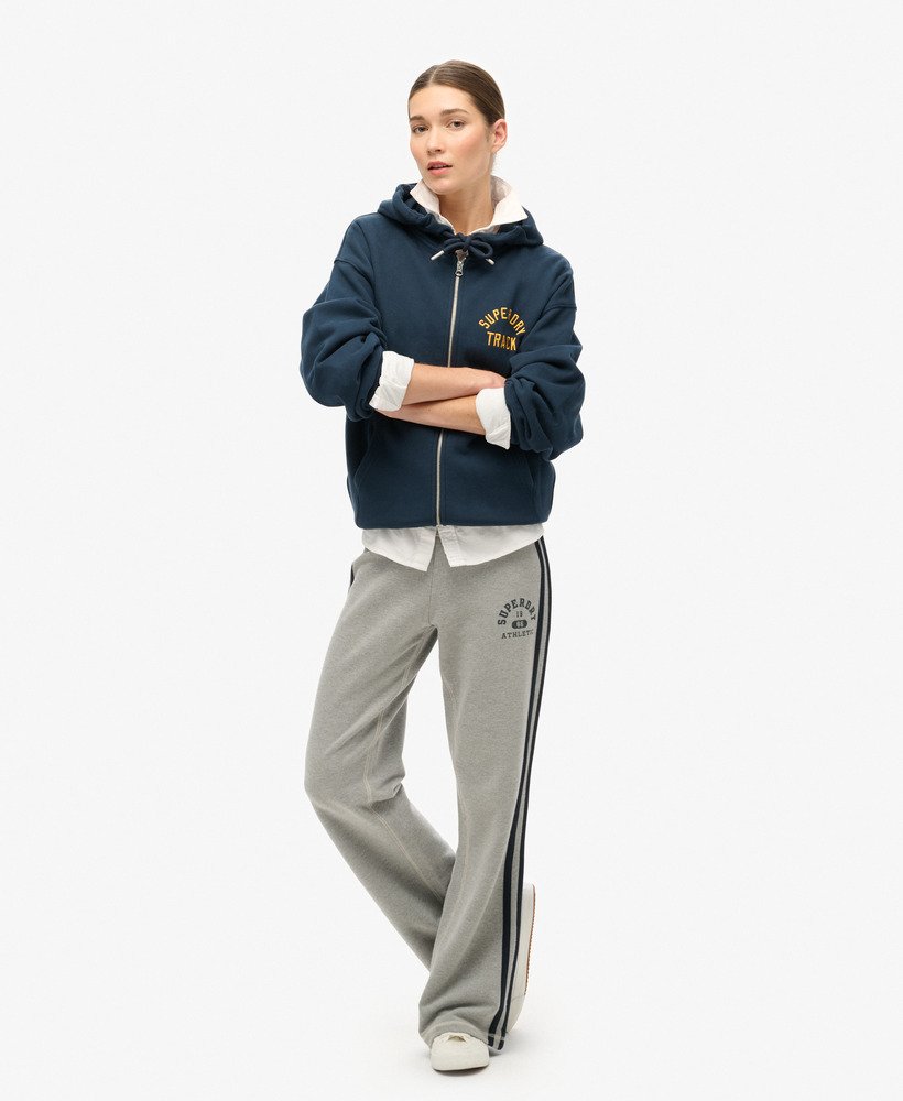 bluza z kapturem typu boyfriend z logo uczelni w kolorze granatowo-bordowym