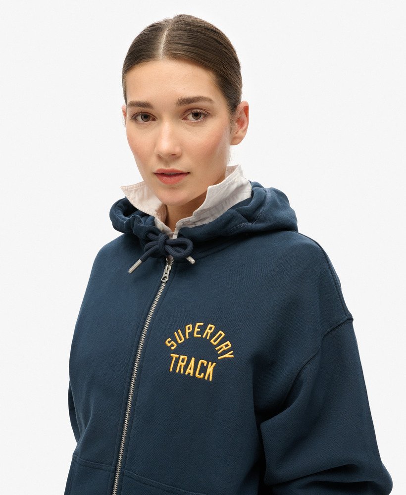 bluza z kapturem typu boyfriend z logo uczelni w kolorze granatowo-bordowym