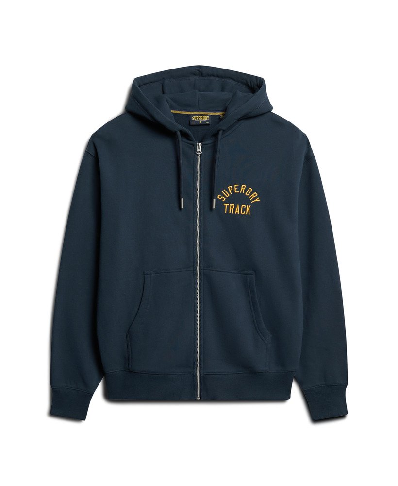 bluza z kapturem typu boyfriend z logo uczelni w kolorze granatowo-bordowym