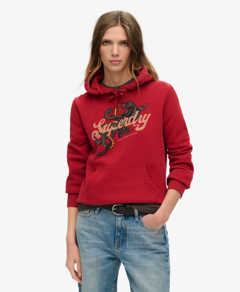 bluza z kapturem z nadrukiem tattoo script w kolorze czerwonej dalii