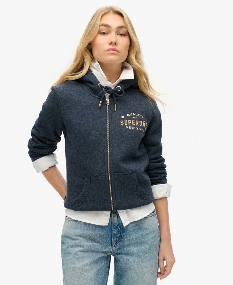 bluza z kapturem i zamkiem błyskawicznym luxe metallic logo w kolorze trenczu navy marl