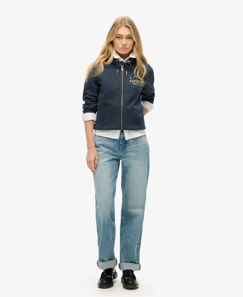 bluza z kapturem i zamkiem błyskawicznym luxe metallic logo w kolorze trenczu navy marl