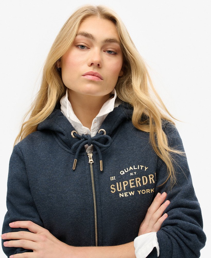 bluza z kapturem i zamkiem błyskawicznym luxe metallic logo w kolorze trenczu navy marl