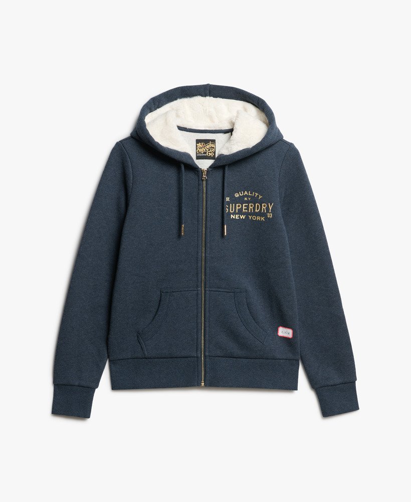 bluza z kapturem i zamkiem błyskawicznym luxe metallic logo w kolorze trenczu navy marl