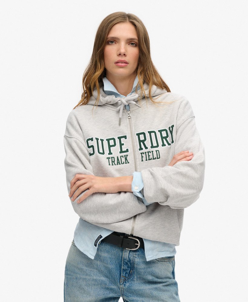 bluza z kapturem i logo chłopaka z collegeu w kolorze szaro-marmurowym
