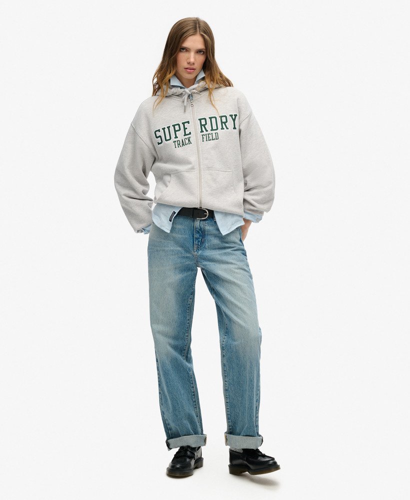 bluza z kapturem i logo chłopaka z collegeu w kolorze szaro-marmurowym
