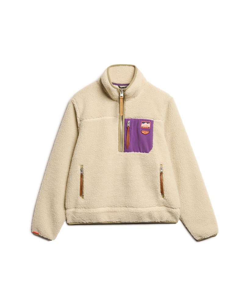 klasyczny sweter z polaru w stylu retro zapinany na pół suwaka w kolorze beżowym owsianym