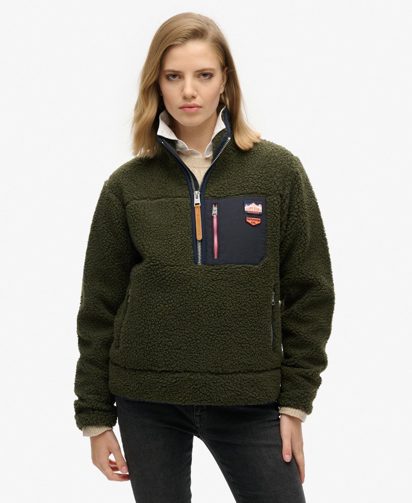 klasyczny sweter z polaru w stylu retro zapinany na suwak w kolorze khaki