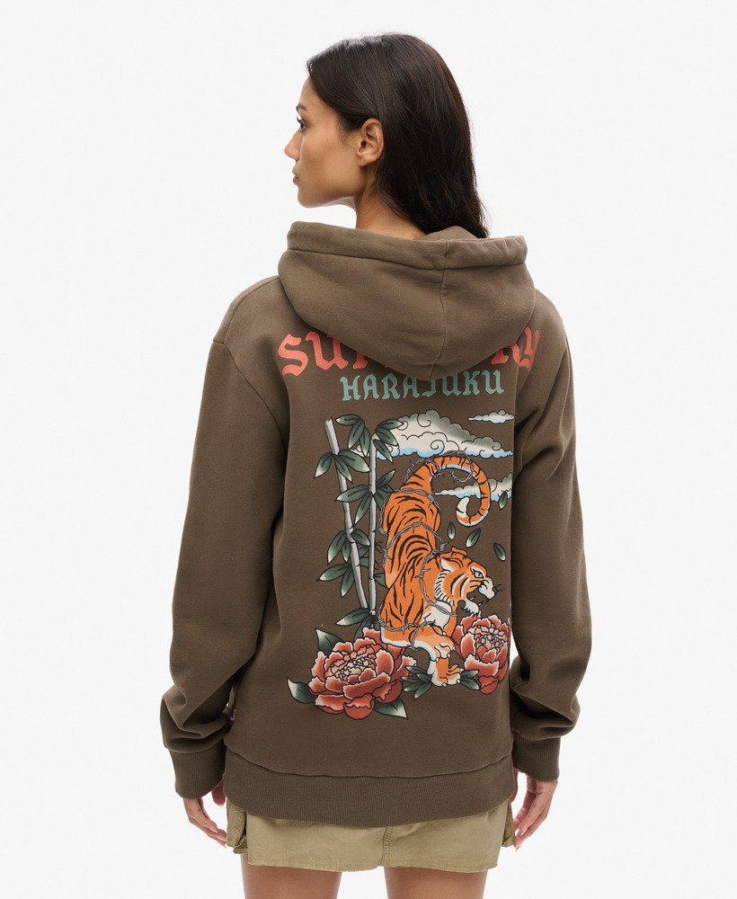 bluza z kapturem z dużym nadrukiem w kolorze ciemnego khaki