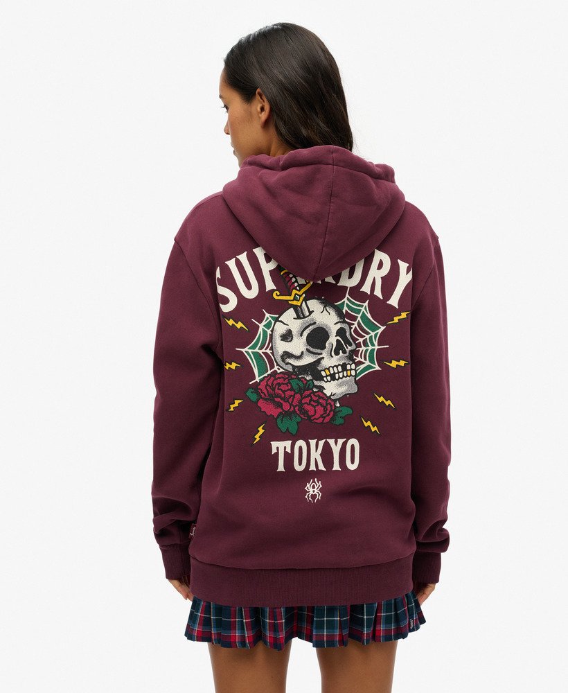 bluza z kapturem oversize z nadrukiem na plecach w kolorze fioletowo-fiołkowym