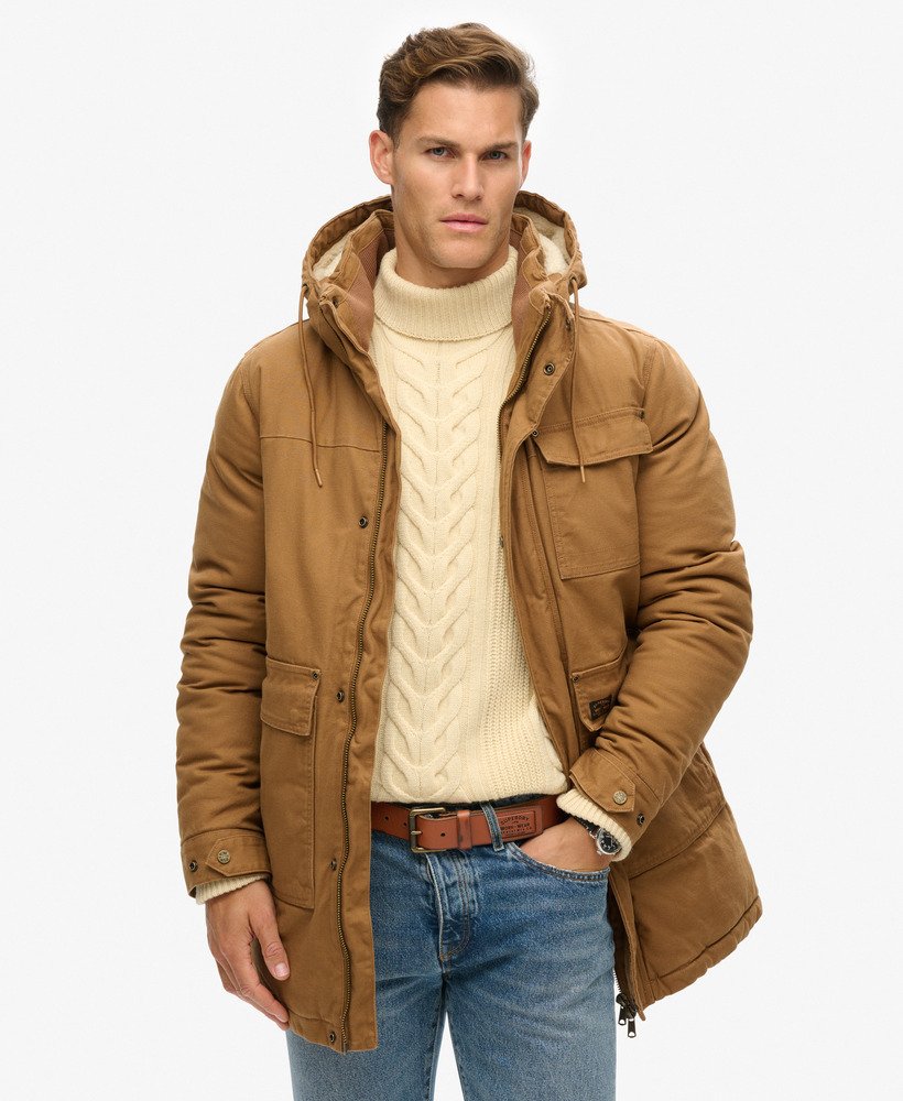 kurtka parka z kapturem do pracy w kolorze denim co tobacco brown