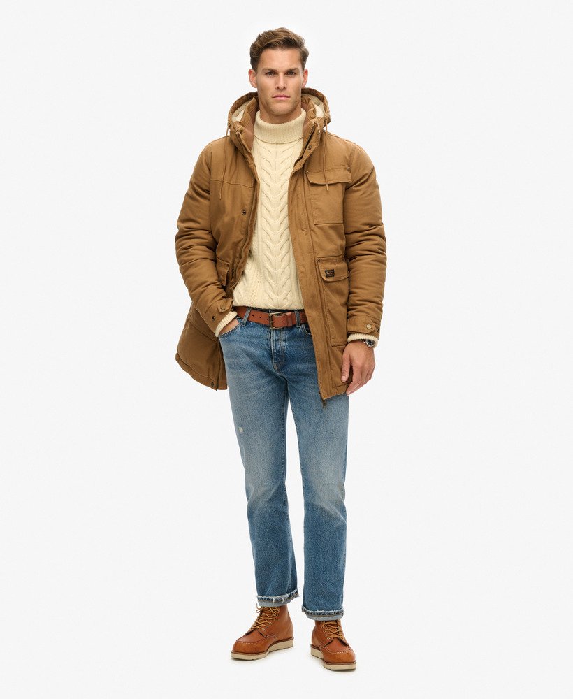 kurtka parka z kapturem do pracy w kolorze denim co tobacco brown