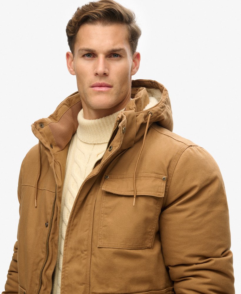 kurtka parka z kapturem do pracy w kolorze denim co tobacco brown