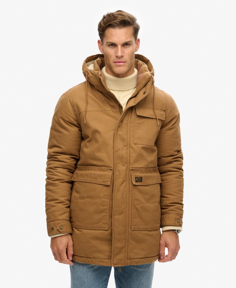 kurtka parka z kapturem do pracy w kolorze denim co tobacco brown