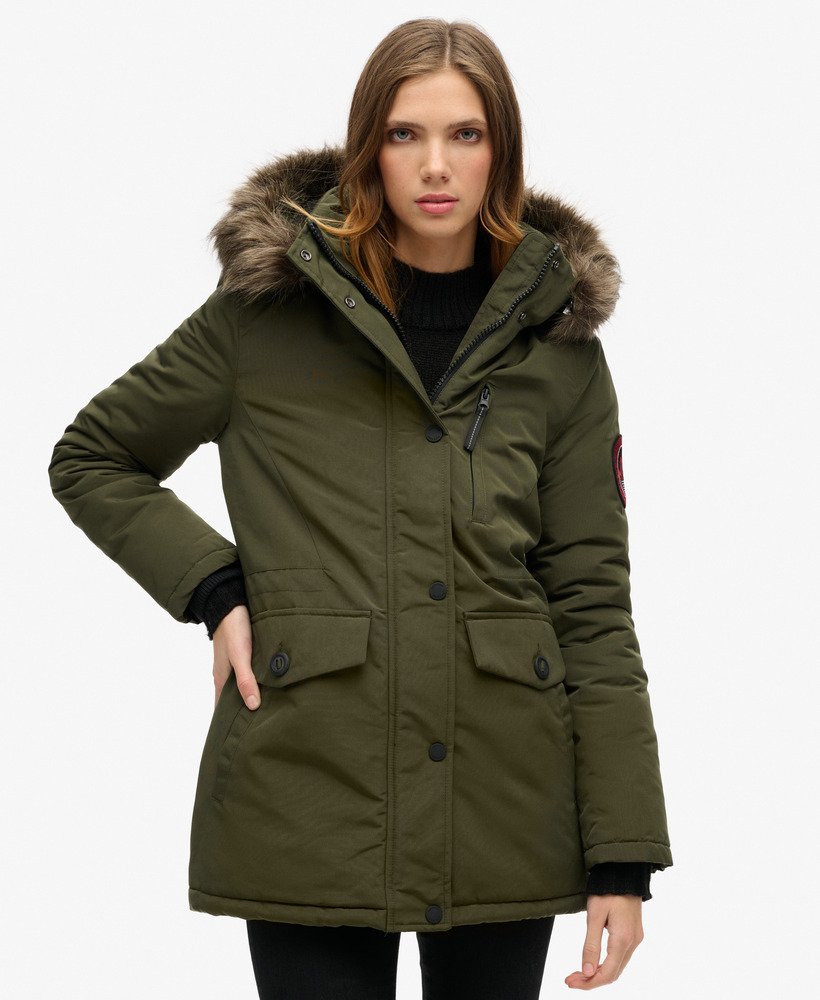 płaszcz parka z kapturem everest ze sztucznego futra w kolorze khaki