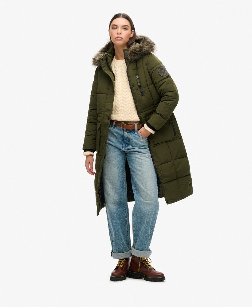 długi płaszcz ze sztucznego futra everest w kolorze oliwkowym surplus goods
