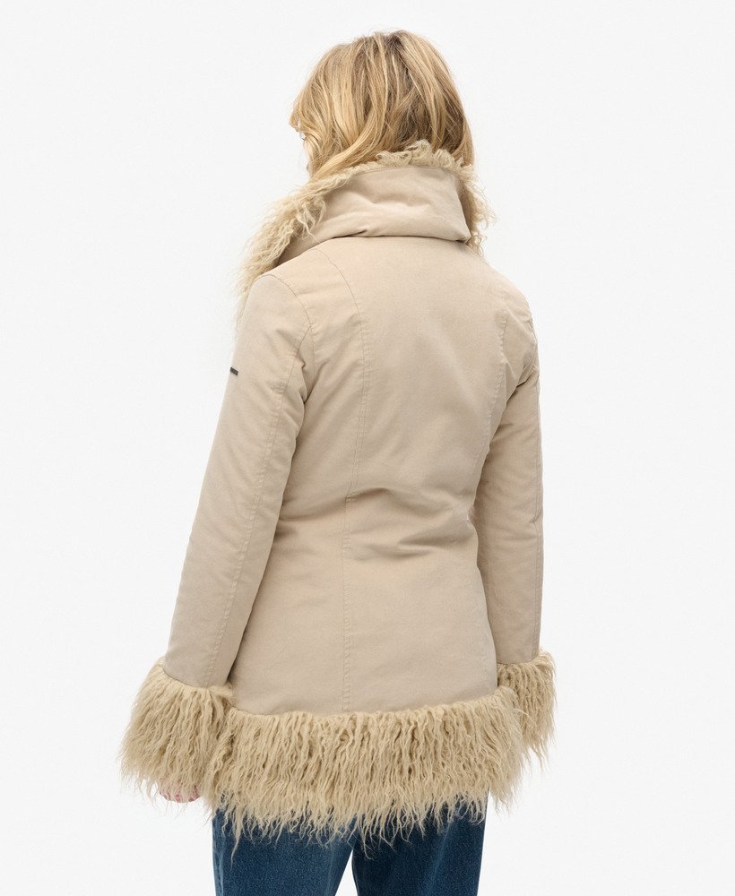 płaszcz afgański z podszewką ze sztucznego futra w kolorze stone wash taupe brown