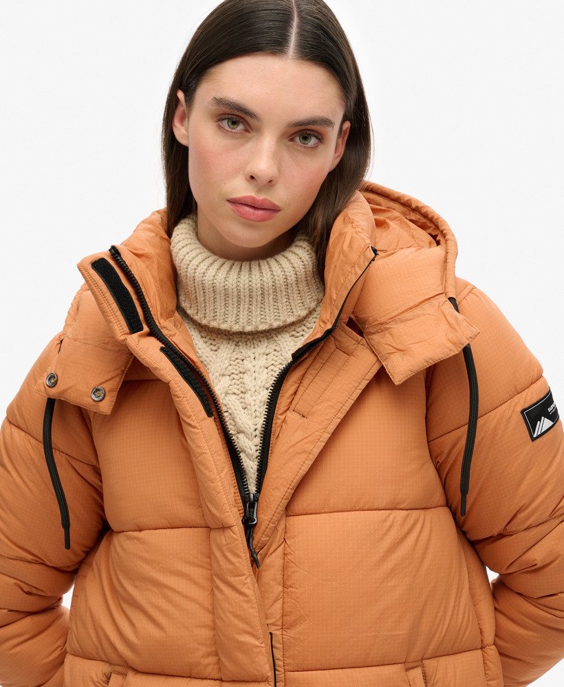 kurtka puchowa ripstop longline w kolorze karmelowej kratki
