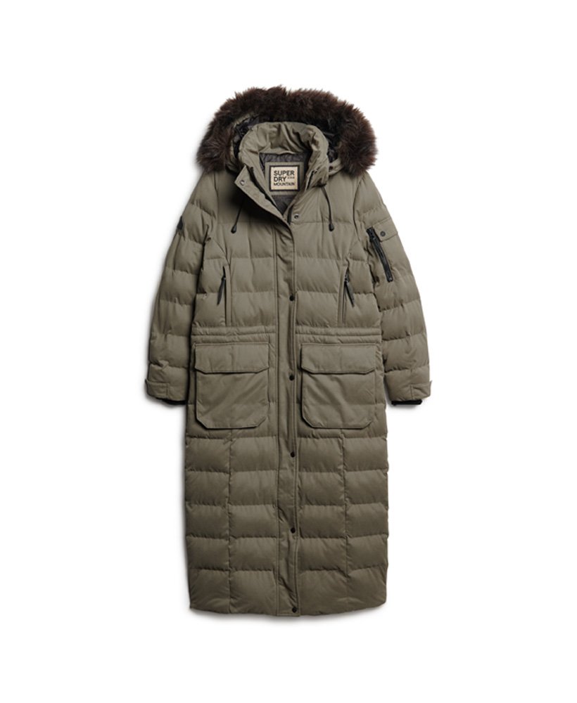 długa parka z kapturem ze sztucznego futra w kolorze ciemnego khaki