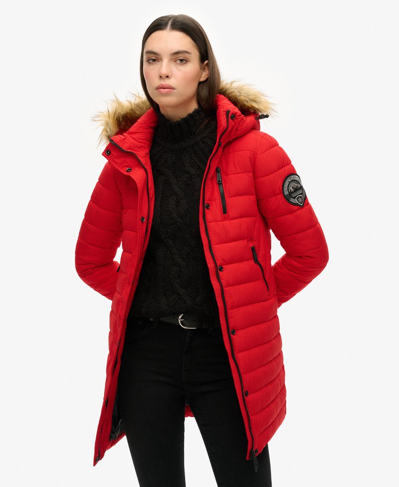 kurtka puchowa fuji z kapturem o średniej długości w kolorze varsity red
