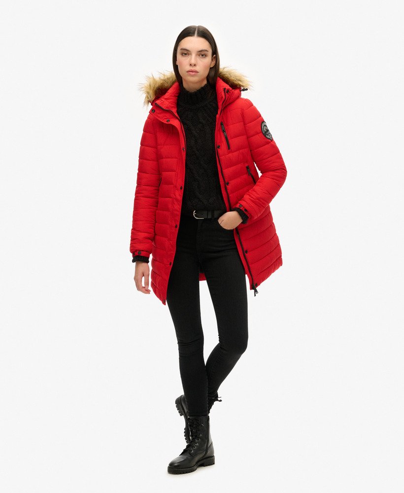 kurtka puchowa fuji z kapturem o średniej długości w kolorze varsity red