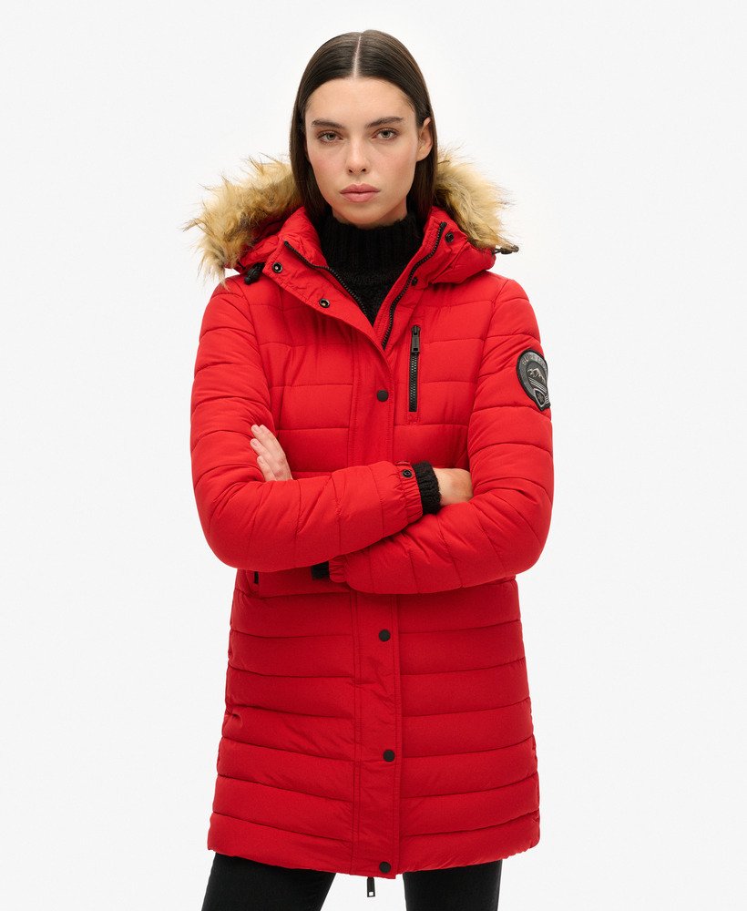 kurtka puchowa fuji z kapturem o średniej długości w kolorze varsity red