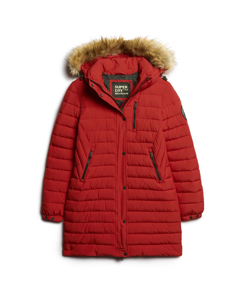 kurtka puchowa fuji z kapturem o średniej długości w kolorze varsity red