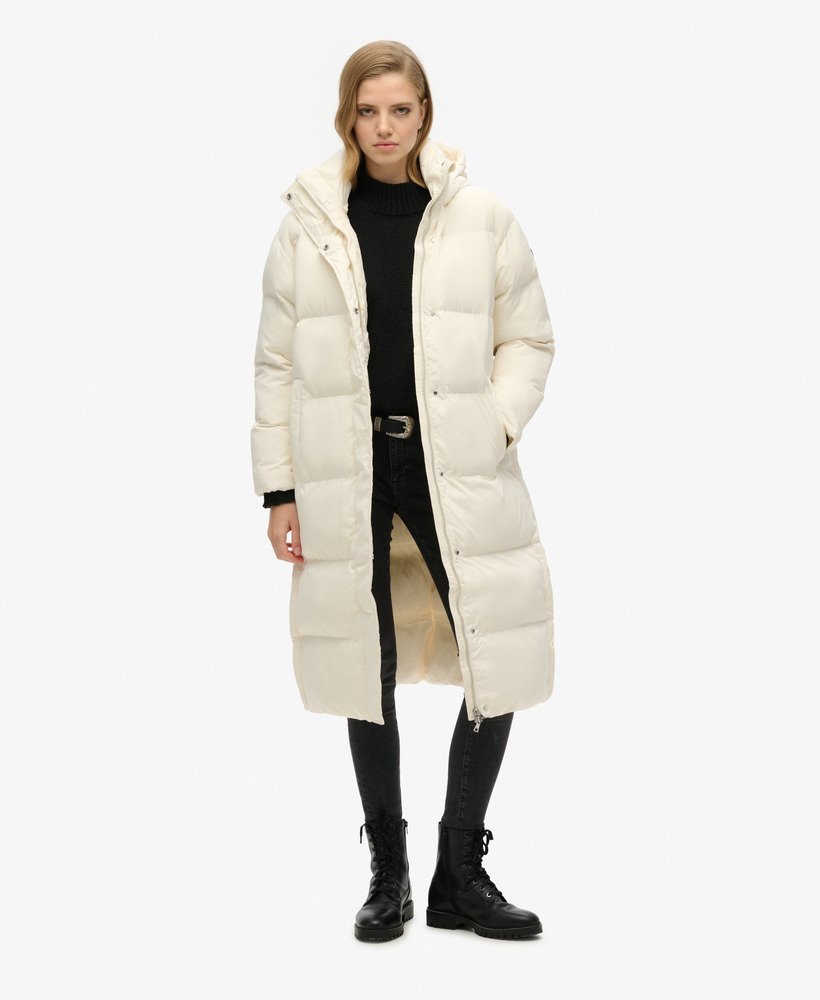 długa kurtka puchowa z kapturem w kolorze off white