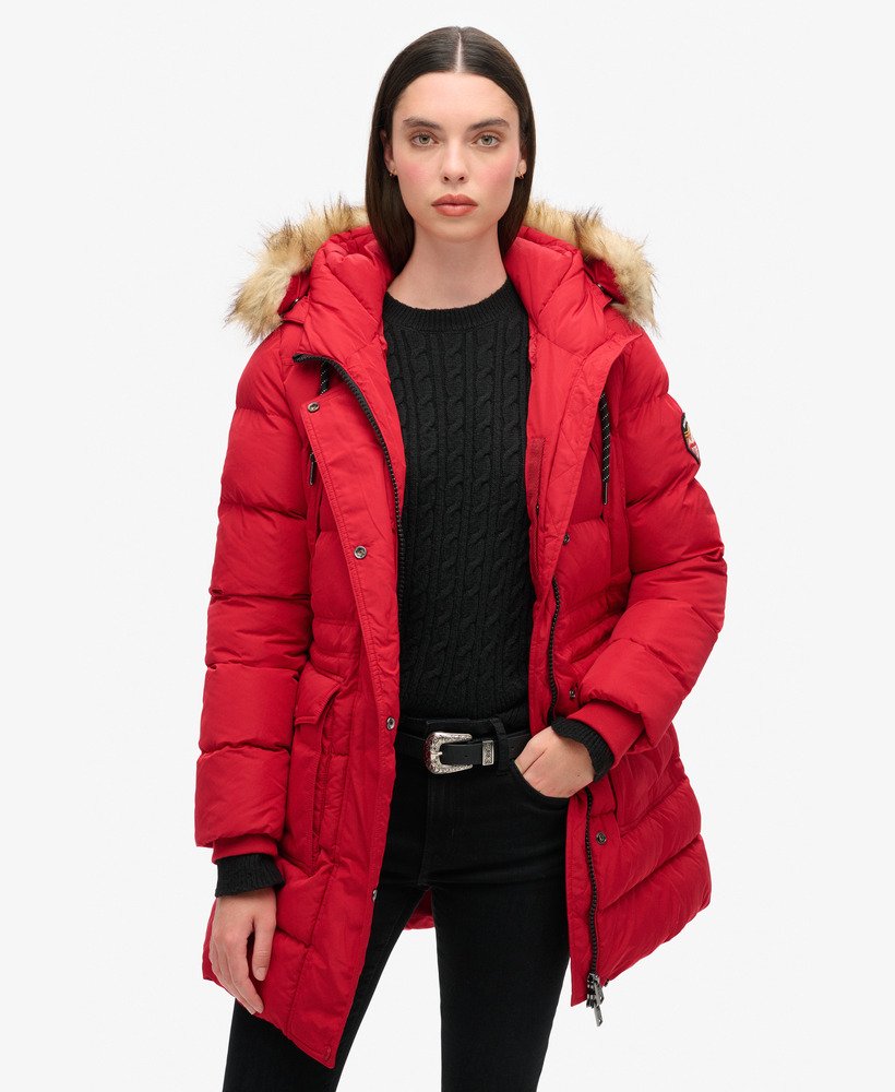puchowy płaszcz everest mid faux fur w kolorze barndoor red