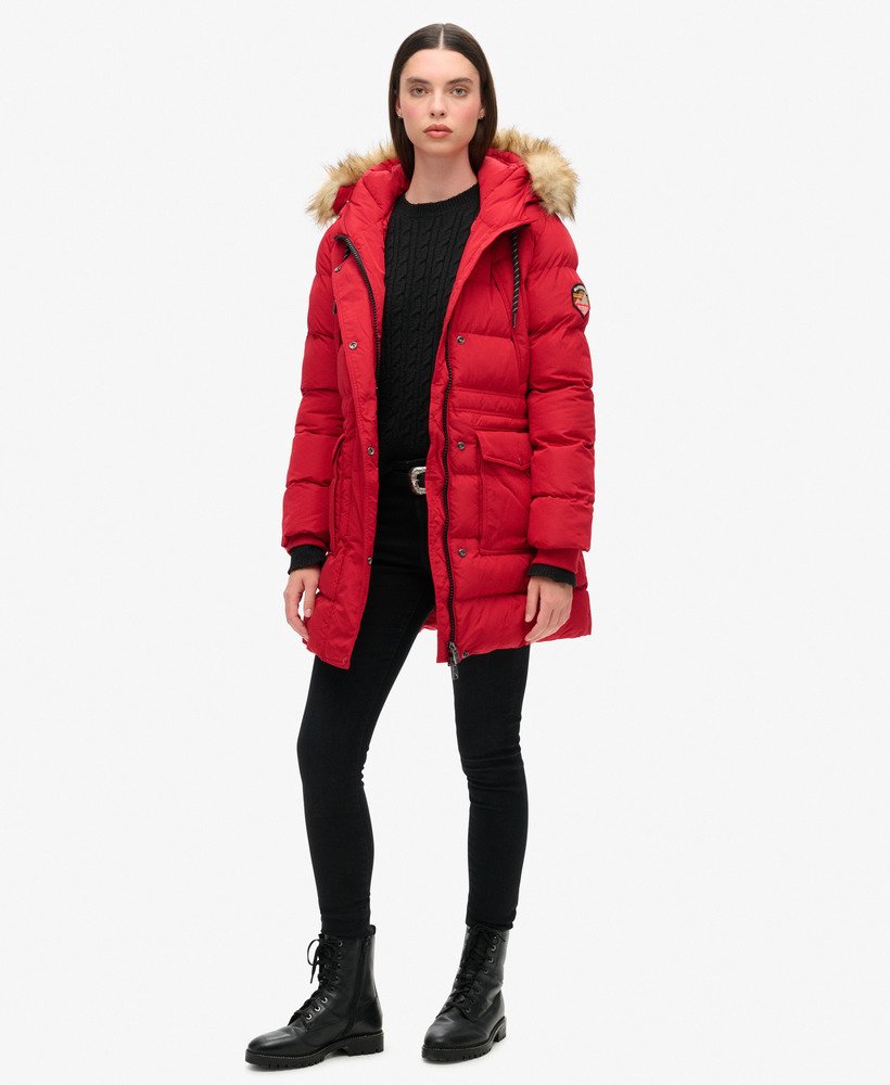 puchowy płaszcz everest mid faux fur w kolorze barndoor red
