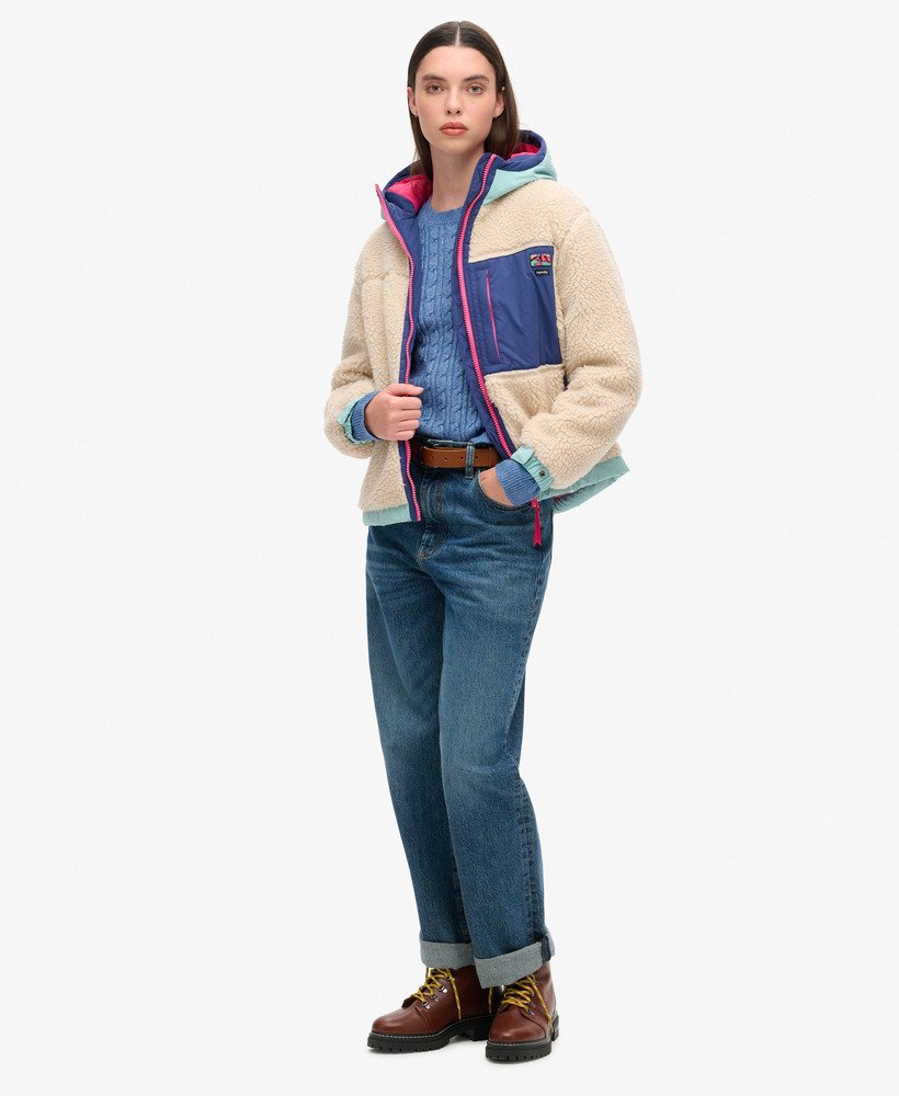 kurtka typu sherpa z kapturem w stylu vintage w kolorze ecru