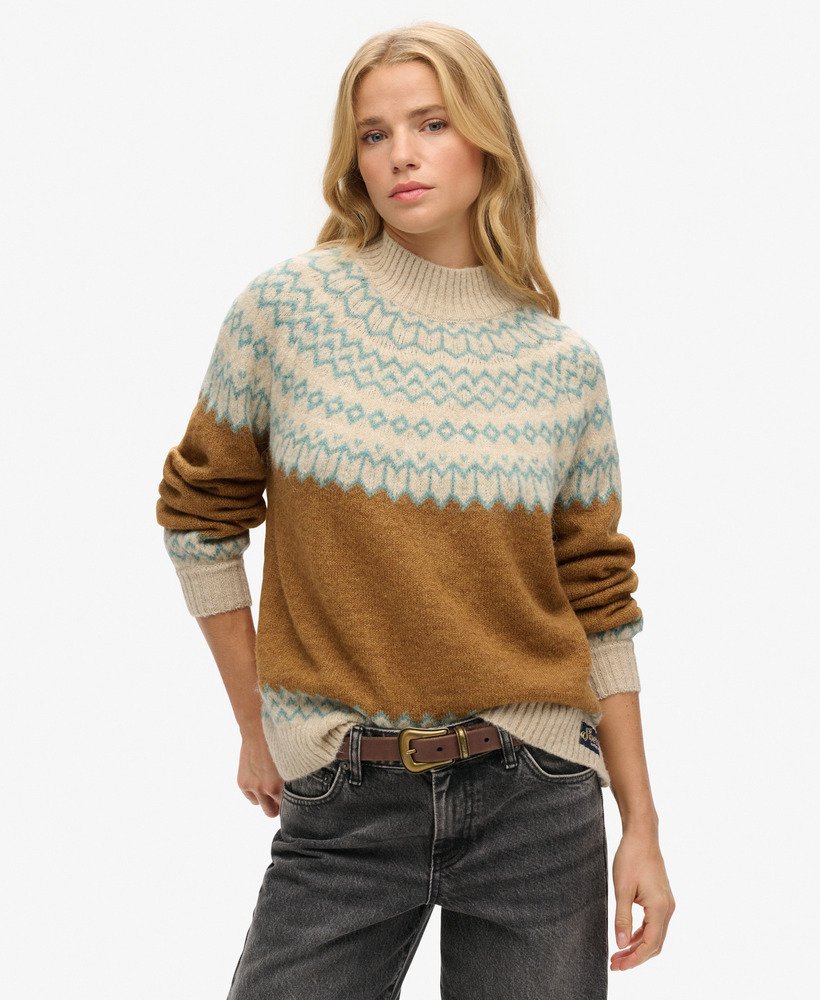 sweter z dzianiny o luźnym wzorze w kolorze karmelowym fairisle