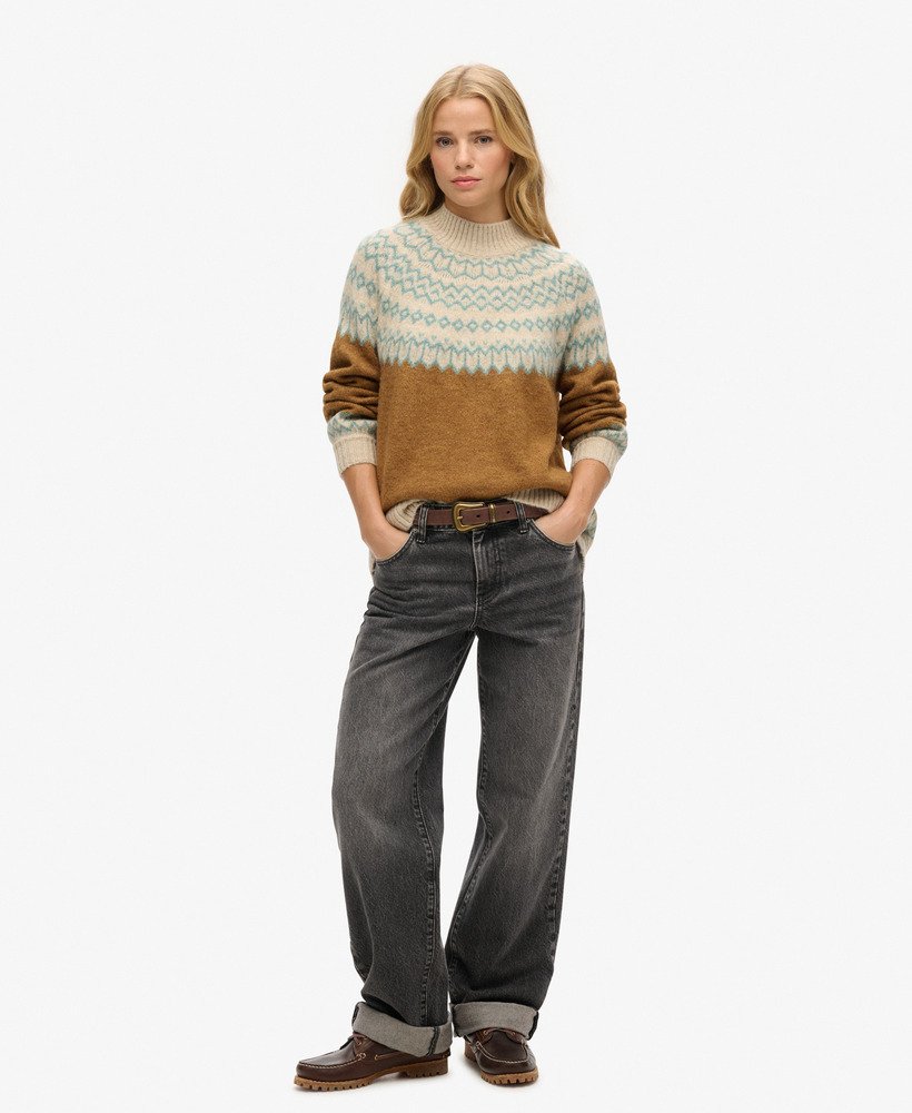sweter z dzianiny o luźnym wzorze w kolorze karmelowym fairisle