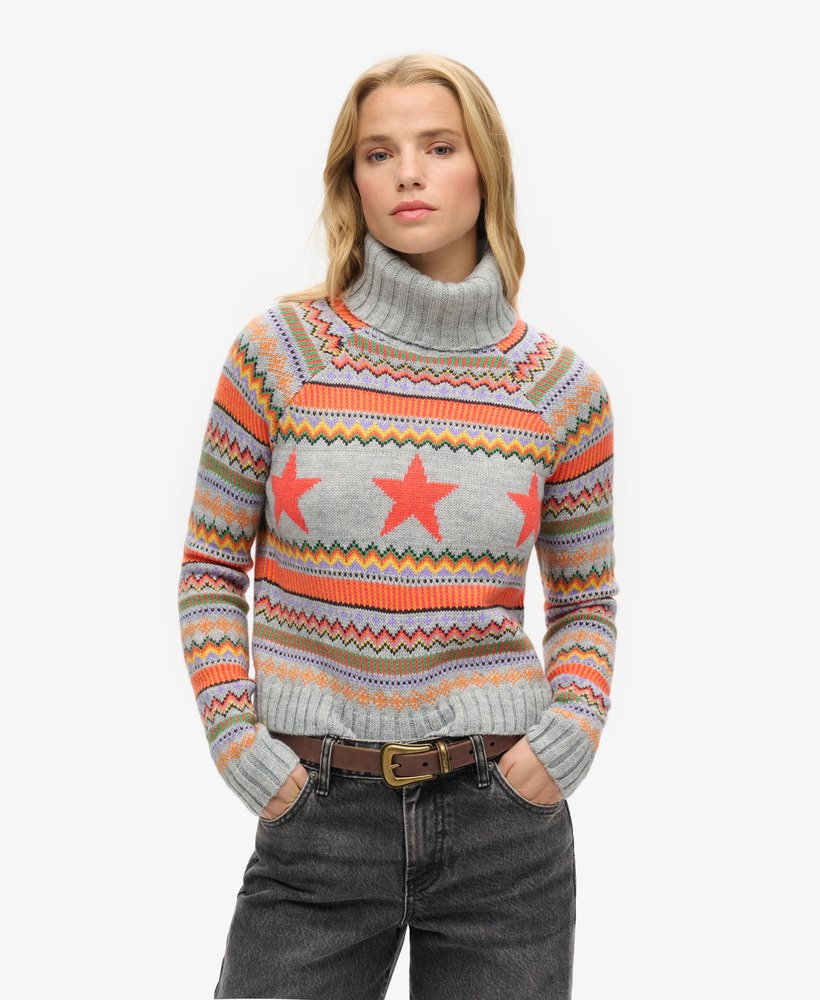 sweter z golfem w paski typu raglan w kolorze szary melanż fairisle