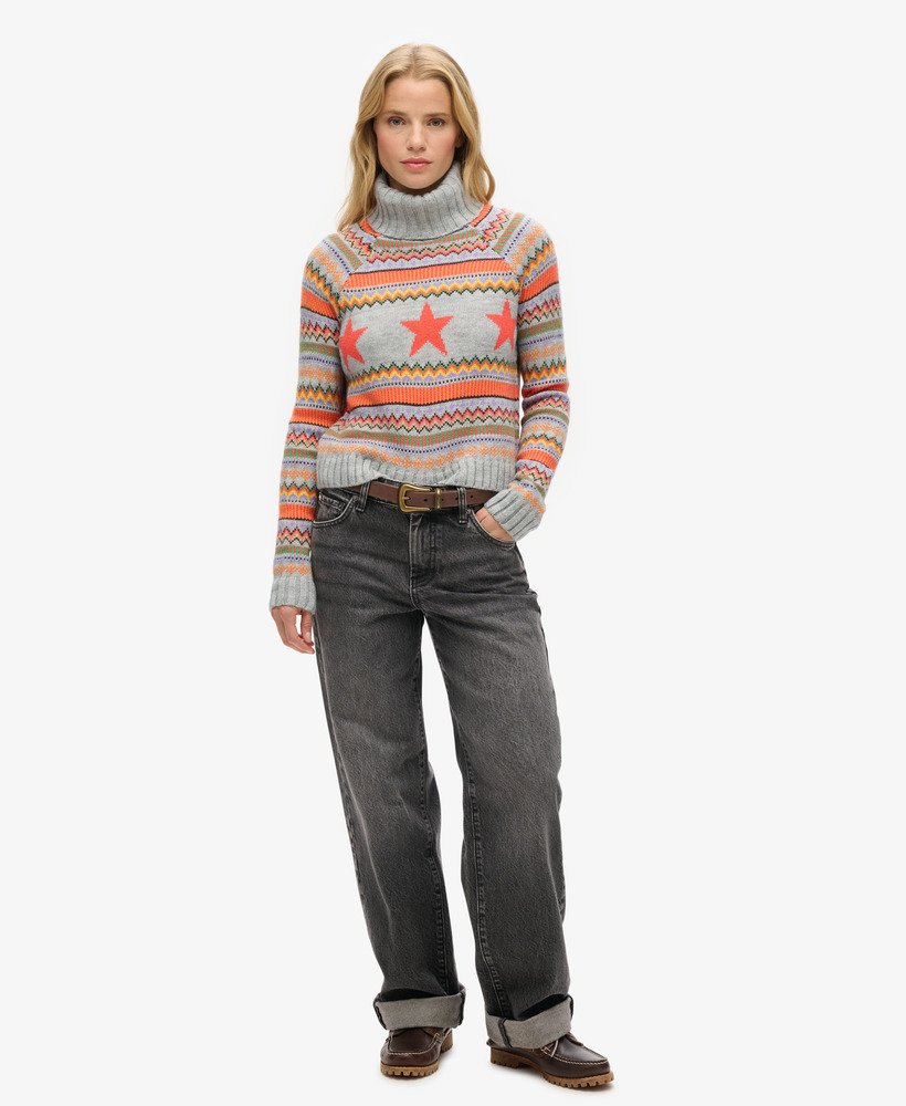 sweter z golfem w paski typu raglan w kolorze szary melanż fairisle