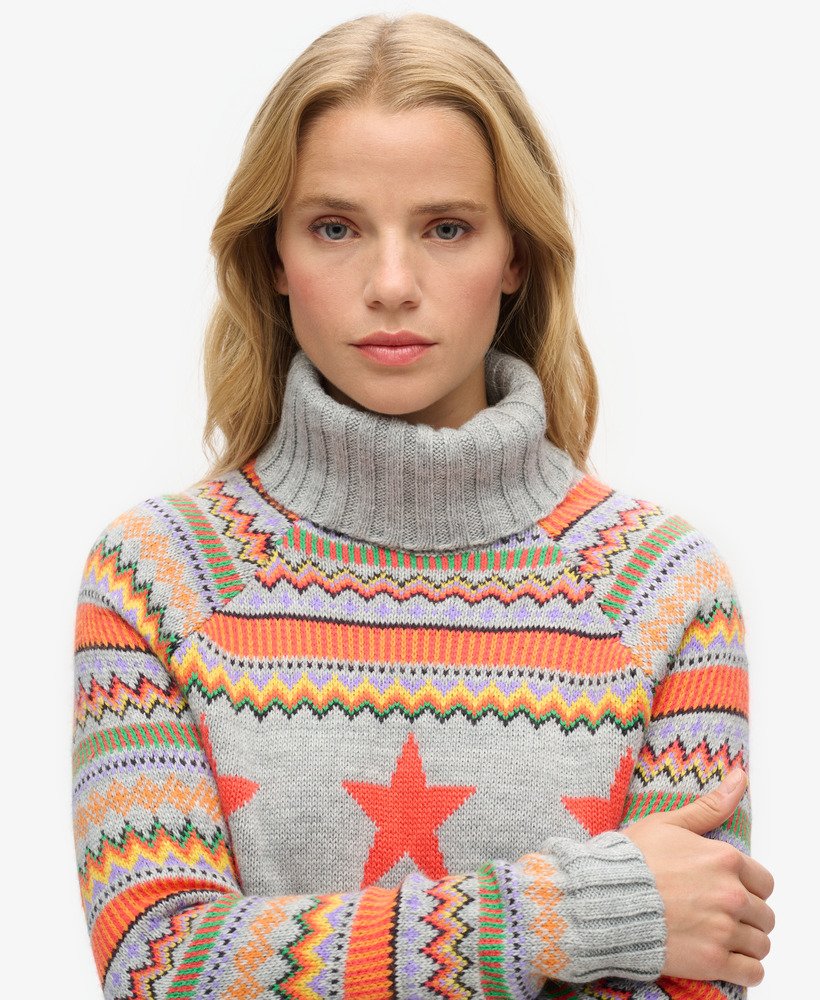 sweter z golfem w paski typu raglan w kolorze szary melanż fairisle