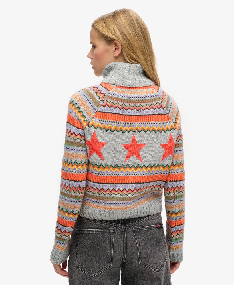 sweter z golfem w paski typu raglan w kolorze szary melanż fairisle