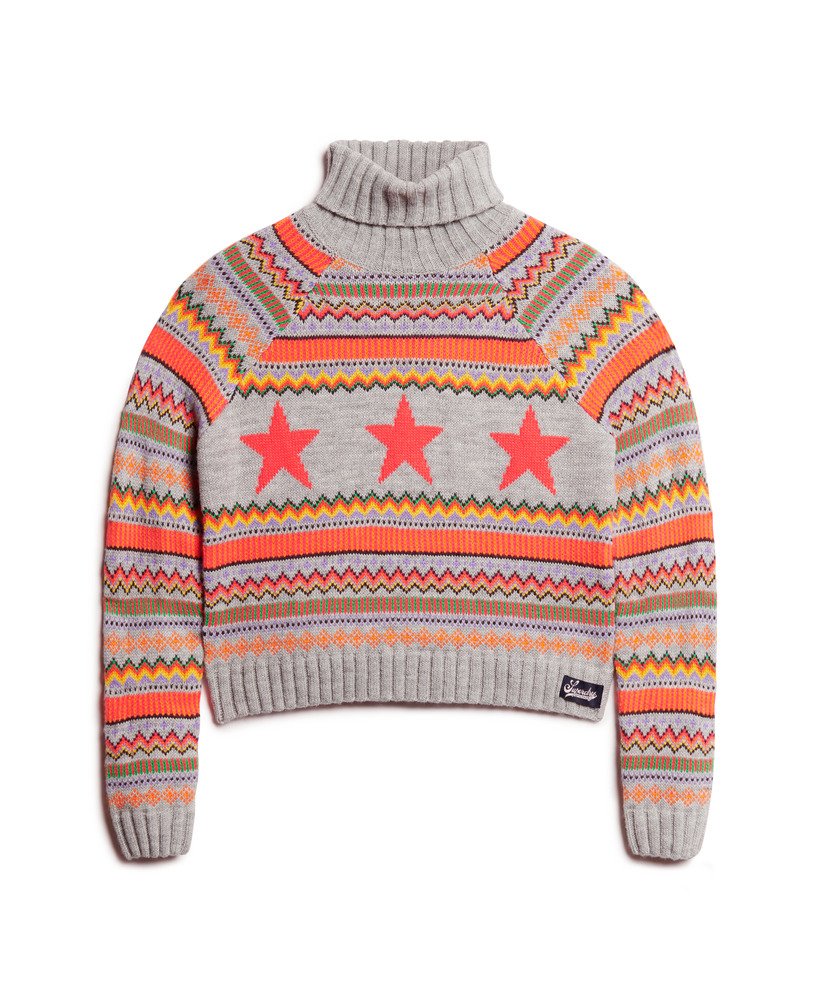sweter z golfem w paski typu raglan w kolorze szary melanż fairisle